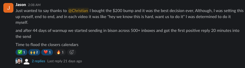 Member result — first positive reply 20 minutes into send